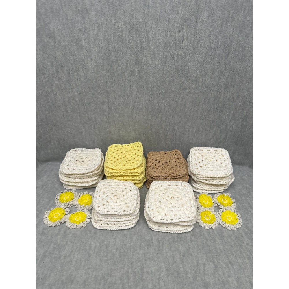 Handcrafted 74 Crochet Granny‎ Squares Cream Yellow Tan Daisy Floral Lot